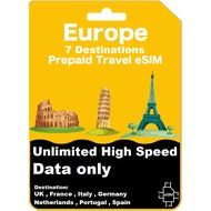 【eSIM】 Europe 7 Destination Unlimited High Speed Data 【UK】【France】【Italy】【Germany】【Spain】【Portugal】【
