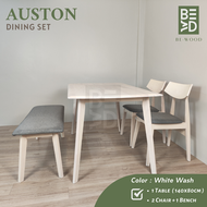 AUSTON Dining Table Set 140x80cm Fully Solid Wood Meja Makan Murah White Wash / Cocoa (BE WOOD)