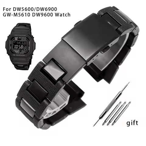 for Casio G-SHOCK DW-5600 DW6900 DW9600 Black Plastic Strap Stainless Steel Buckle Men Bracelet Band