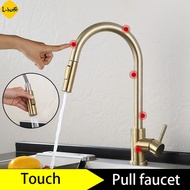 Mixer Kitchen Tap Smart Touch Sensor Stainless Steel Kitchen Faucet Water Sink Tap with Pull Out Sprayer（Gold）