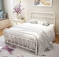 White Metal Bed Frame Full Size with Headboard and Footboard Single Platform Mattress Base,Metal Tube and Iron-Art Bed (Full, Grayish White)