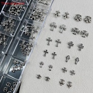[Thevatipoem] 60Pcs/12 Grids Mixed 3D Punk Silver Heart Cross Metal Manicure Nail Decoration Retro D