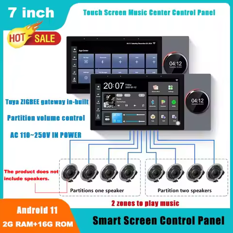 2026 New 7 Inch Touch Screen Music Center Control Panel with 8 Ceiling Wired Speakers Built in Backg