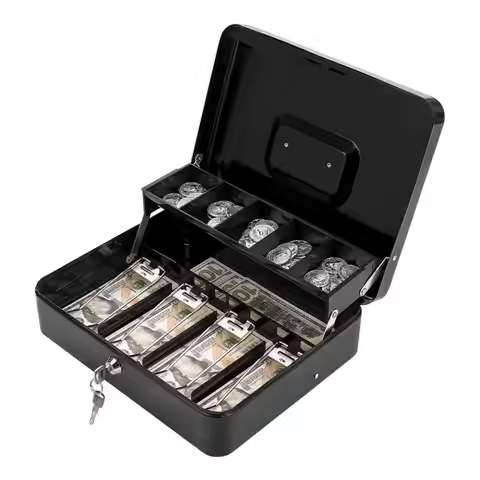 Cash Storage Box with Lock 2 Keys Metal Money Box with Cash Tray Multi-compartments Portable Safe Bo