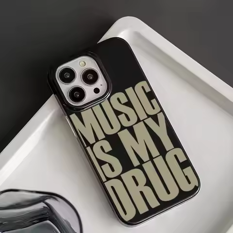 ins Black MUSIC IS MY DRUG Luck Phone Case Suitable for iPhone 11/12/13/14/15/ 16 Pro Max Phone Case