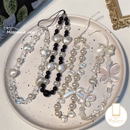 European Black and White Beads Phone Charm Strap Women Telephone Chain for Pearl Lanyard Rope Mobile