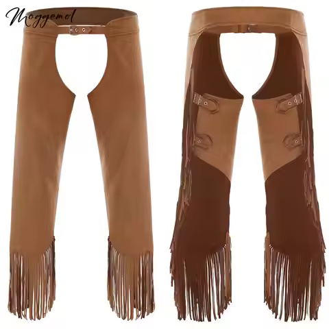 Mens Cowboy Cowgirls Chaps Pants Adjustable Buckles Open Crotch Split Fringe Suede Pants for Hallowe
