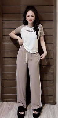 Set Áo Thun Gân Tay Phối Dây Rút Boss Quần Suông Phối Viền - HN Closet