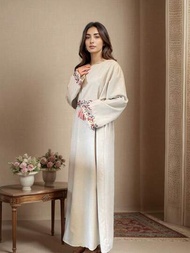 多彩花刺繡亞麻穆斯林女性時尚伊斯蘭傳統服裝阿拉伯寬鬆長袍禮拜服
