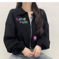 Jaket Sweater Wanita JAKE BTS TAKE TWO Zipper Crop Gaya Korea Fleece Polos Casual One Size