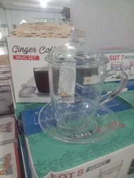 Ginger Tea Mug Gelas Gagang Kaca Polos + Tutup dan Tatakan 1 Pcs / Gelas Kaca Kedaung / Drink Set /