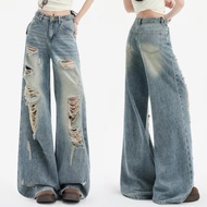 JEANS919 Vintage Washed Ripped Baggy Denim Jeans Y2K Grunge Distressed Wide Leg Soft Maong Street