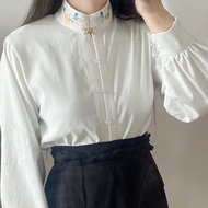 Right Yuan HANFU Original HANFU Pair Cardigan Stand Collar SHIRT Airplane Sleeve Daily Improved BLACK WHITE Top YOUYUAN HANFU WOMAN GIRL SHIRT WHITE BLACK