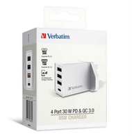 *小西灣免費送貨*Verbatim 4 Ports 30W PD & QC 3.0 USB 充電器 快速充電器