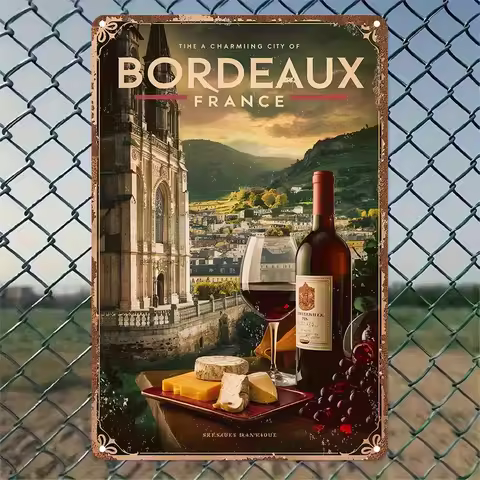 Vintage Bordeaux France Iron Wall Sign - Retro Rustic Metal Decor with Bordeaux Wine & French Landsc