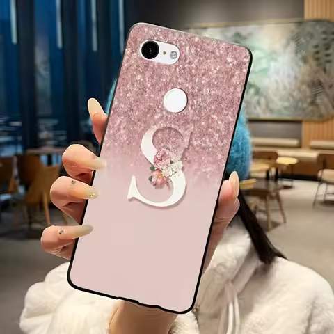 Phone Case For Google Pixel 3 Soft Black Case For Google Pixel 3 XL Letter Pink Shiny A To Z With Fl