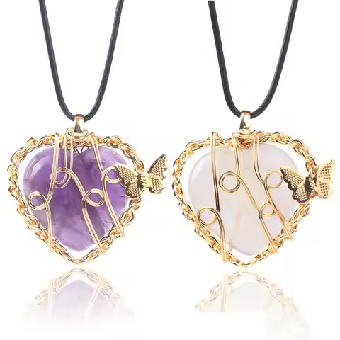 Natural Stone Crystal Reiki Pendulum Wire Wrap Heart Shape Necklace for Women Rose Quartz Crystal Ne