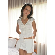 Áo Nhún Ôm Tay Ngắn Cổ Chữ V Dây Nơ Augety Studio Luna Top