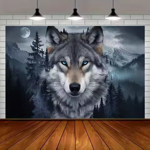 1pc Blue-Eyed Wolf Tapestry Moonlit Mountain Forest Wall Hanging Nature Animal Home Decor Bedroom Li