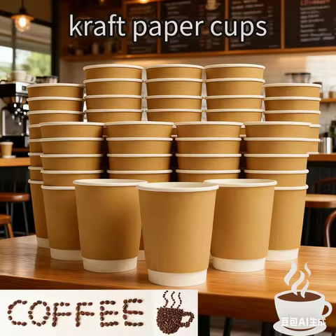 25/50pcs Kraft Paper Double-Layer Insulated Cup with Lid Disposable Party Paper Cup for Beverage Eco