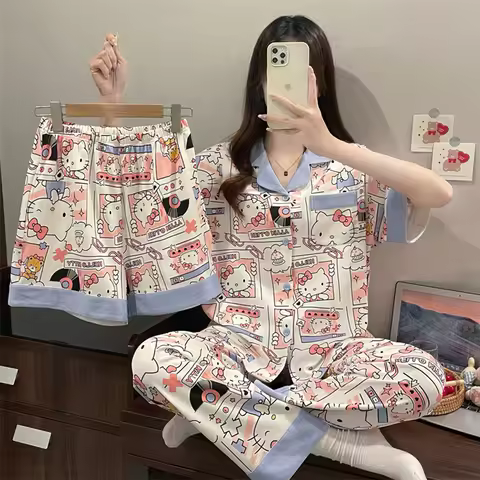 Sanrio Hello Kitty Cotton Pajamas for Women Summer Pijama Pants Shorts Short Sleeve Sleepwear Cute C