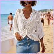 YUJINI Crochet Cardigan, Floral Lace 3/4 Sleeves Lace Shrug, Boho Style Cropped Length Open Front Bu