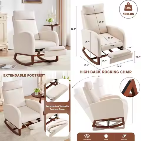 High-Back Nursery Rocking Chair with Footrest and Pocket, Comfortable Glider for Baby's Nursery