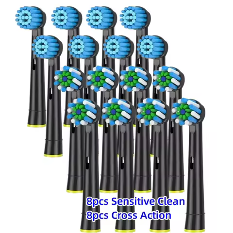 Black Replacement Brush Heads for Oral B Braun Electric Toothbrush, 16 Count with 8 Cross Clean, 8 S