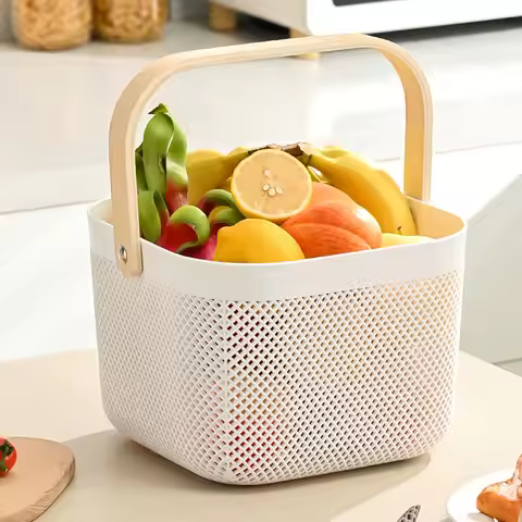 Hollow Drain Plastic Storage Basket with Wood Handle, Multi-Purpose Fruit Laundry Organizer Bin