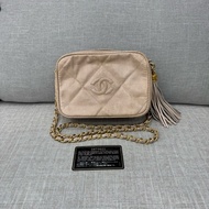 香奈兒Chanel vintage 蜥蜴皮流蘇相機包 斜背包 奶茶色 金釦