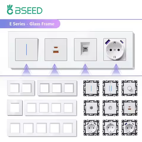 BSEED 1/2Gang Wall Light Switches 1/2Way TV/ST/CAT6/Dimmer Function Parts EU Socket USB Type-c Glass