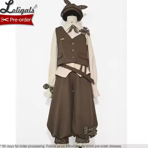 Cool Brown Lolita Ouji Outfit Cute Vest / Long Sleeve Shirt / Cropped Loose Harem Pants by Princess 