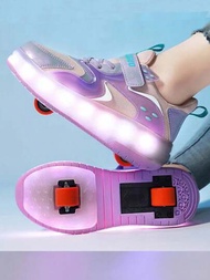 女童全季節透氣led燈發光滑輪溜冰鞋,可收縮輪子便於休閒使用、運動或滑冰練習
