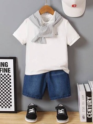 SHEIN 男童白色帆船圖案polo衫+牛仔短褲套裝 夏季學院風