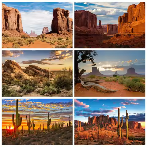 Western Desert Cactus Photography Backdrop Dusk Desert Mountain Shrub Hillside Natural Scene Portrai