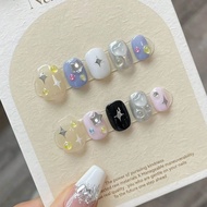 10PCS Handmade Press Nails Cute sweet and simple short false nails fresh cream blue and yellow nails