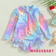 【Malaysia stock】-Kids Baby Girl Swimsuits Fish Scale Print Ruffles Long Sleeve Jumpsuit Swimwear Bea