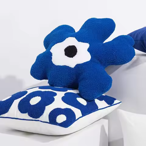 Blue Bloom Flower Embroidered Pillow Cover Cushion Cover Cotton Pillowcase Flora Sofa Bedroom Home D