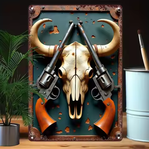 Rustic Western Cowboy Skull & Revolvers Metal Wall Art Vintage Iron Tin Sign for Bar Cafe Beach Hous