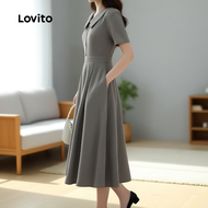 Lovito Gaun Elegan Berbutang Depan Musim Bunga/Panas Khaki untuk Wanita LBL29355