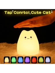 可愛的貓形夜燈,可愛的矽膠小貓臥室夜燈,手工觸摸感應氛圍燈,7種顏色變化,電池供電,是理想的禮物