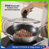 32cm Honeycomb Stainless Steel Nonstick Frypan Frypot Cooking Frying Pan Pot Wok Kuali Periuk Masak Tak Melekat Cookware Kitchen Dapur Induction Cooker Gas Infrared Electric Ceramic Stove Cooker Uncoated With Cover Handle