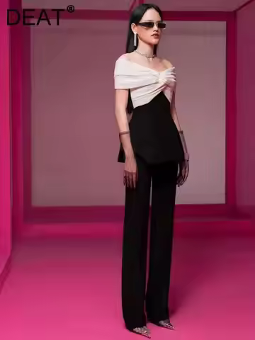 DEAT Elegant 2 Pcs Set Gauze Kink Slash Neck Zip Top High Waist Slim Pant Women's Evening Suit 2026 