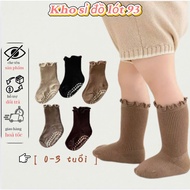 Set of 5 Pairs of Brown Tone Cotton Baby Socks with Anti-Slip Ruffle Neckline SS71