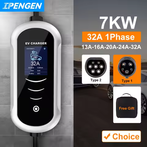 IPENGEN Portable EV Charger Wallbox Type2 Cable 32A 7KW CEE Plug EVSE Type1 Charging Box j1772 Adapt