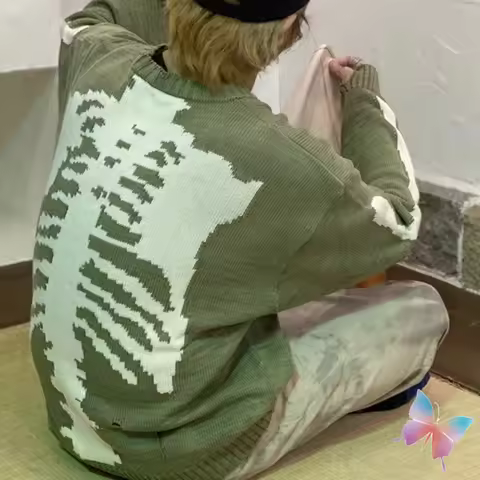 Winter American Street Oversized Kapital Sweater Retro Loose Skeleton Jacquard Knitted Holes Long Sl