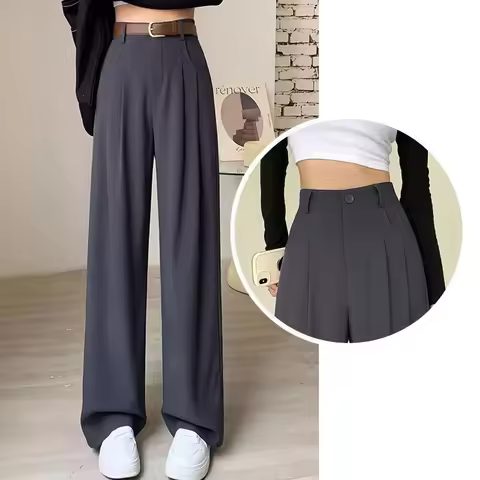 Women Fashion Suit Pants Lady Baggy High Waist Wide Leg Breathable Trousers Lady Straight Leg Slacks