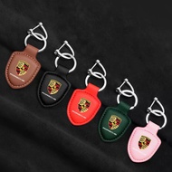 Leather Car Keychain Shield Type Key Ring For Porsche Panamera Cayenne Taycan 911 718 Macan Carrera-