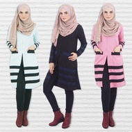 [ XXS - 10XL ] Front Zip Blouse . Muslimah Cardigan Blouse Plus Size . Casual Stripe Blouse . Baju Saiz Besar . Caca H