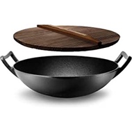 Heavy Duty Non-Stick Iron Chinese Wok or Stir Fry Skillet w/Wooden Lid, for Electric Stove Top, Induction, Large, Black